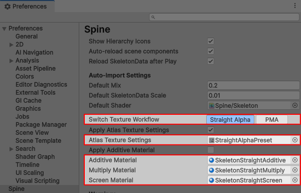 Spine Preferences - straight alpha presets